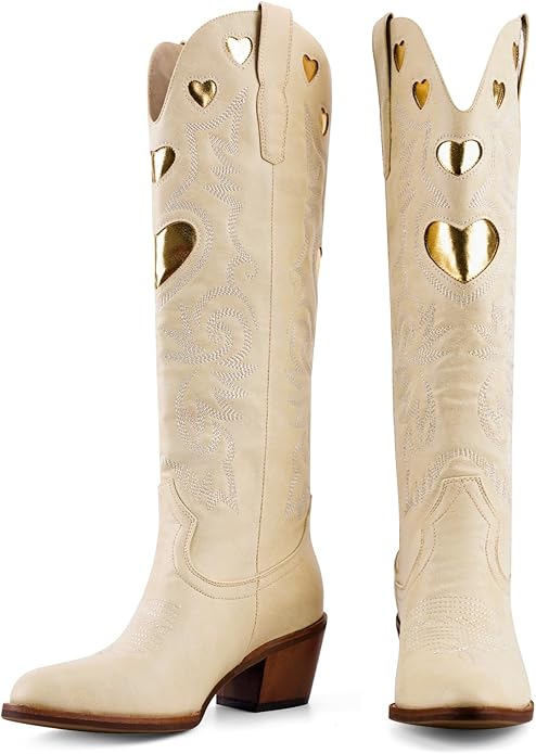 Cowboy Boots for Women Wide Calf Round Toe Chunky Stacked Heel Knee High Cowgirl Boot Heart Pattern