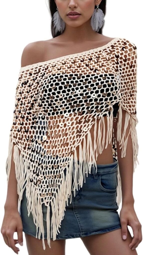 Women Sheer Poncho Top Lightweight Knit Crochet Shrug Bolero Mesh Batwing Sleeve Sweater Cover Up Beachwear